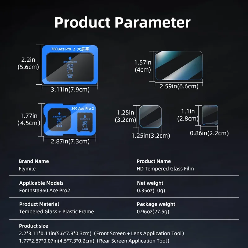 FLYMILE 1 Set For Insta360 Ace Pro 2 Camera Tempered Glass Screen Protector Front Rear Lens Film - Transparent