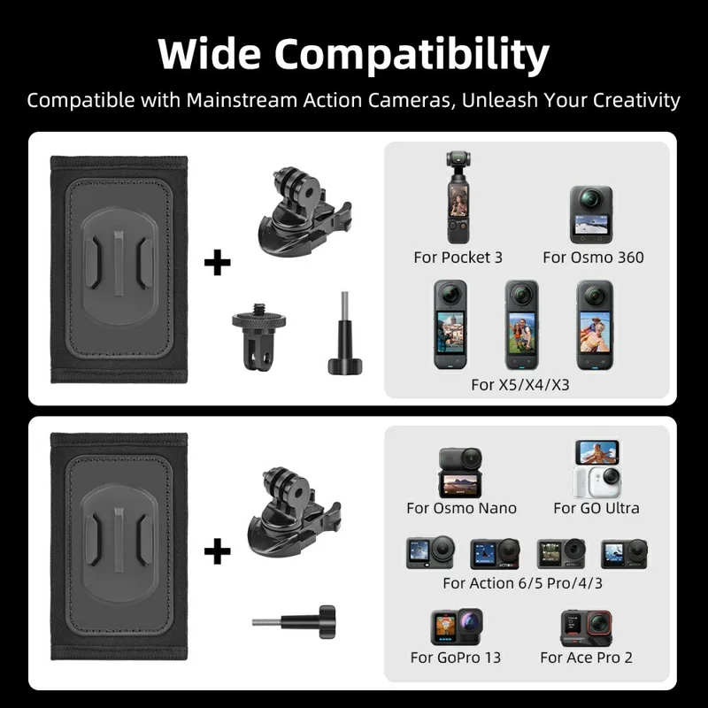 Action Camera Backpack Strap Mount Quick Release 360° Rotation Magic Tape Clip for GoPro DJI Action Camera - Black