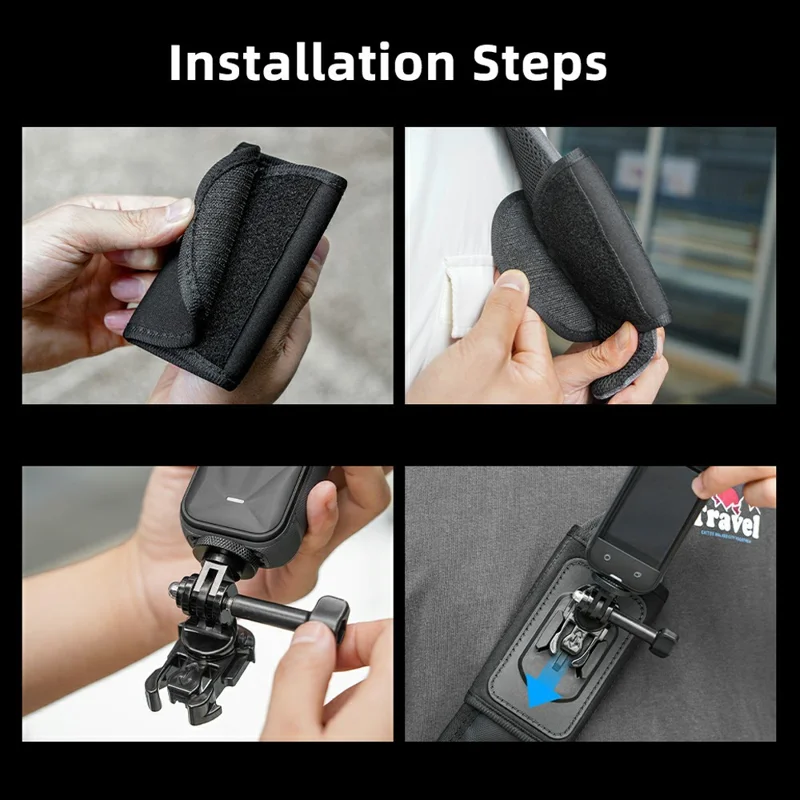 Action Camera Backpack Strap Mount Quick Release 360° Rotation Magic Tape Clip for GoPro DJI Action Camera - Black
