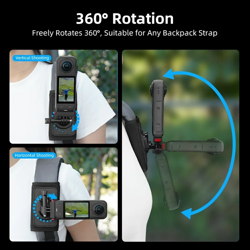 Action Camera Backpack Strap Mount Quick Release 360° Rotation Magic Tape Clip for GoPro DJI Action Camera - Black