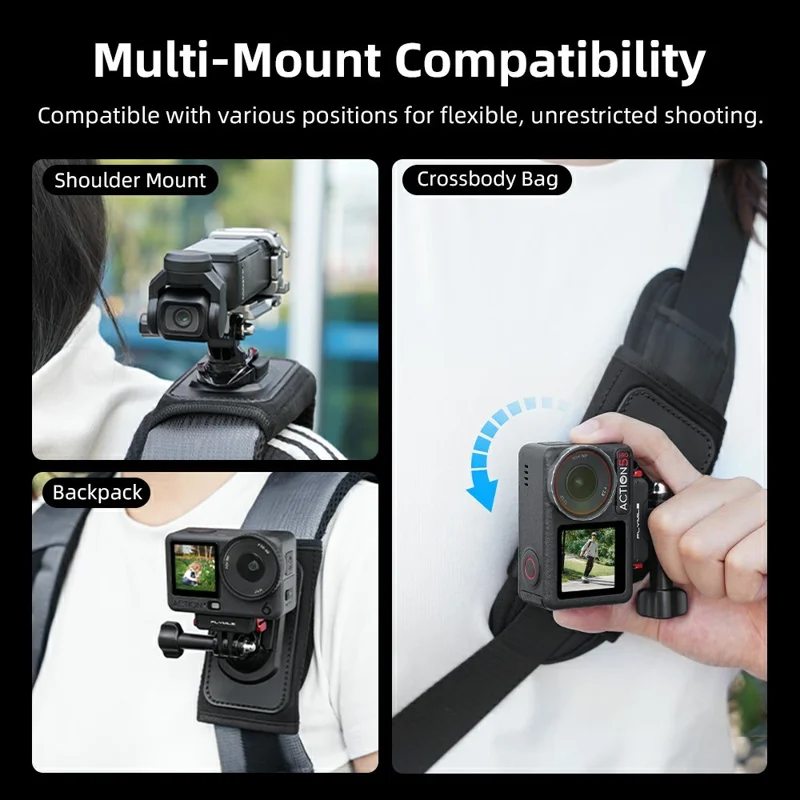 Action Camera Backpack Strap Mount Quick Release 360° Rotation Magic Tape Clip for GoPro DJI Action Camera - Black