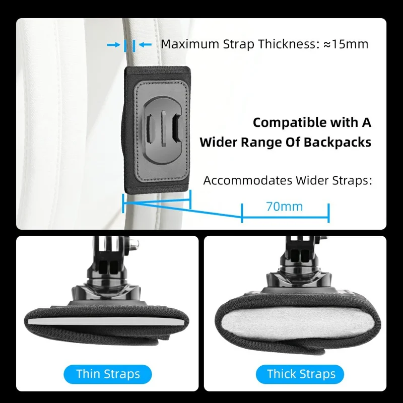 Action Camera Backpack Strap Mount Quick Release 360° Rotation Magic Tape Clip for GoPro DJI Action Camera - Black