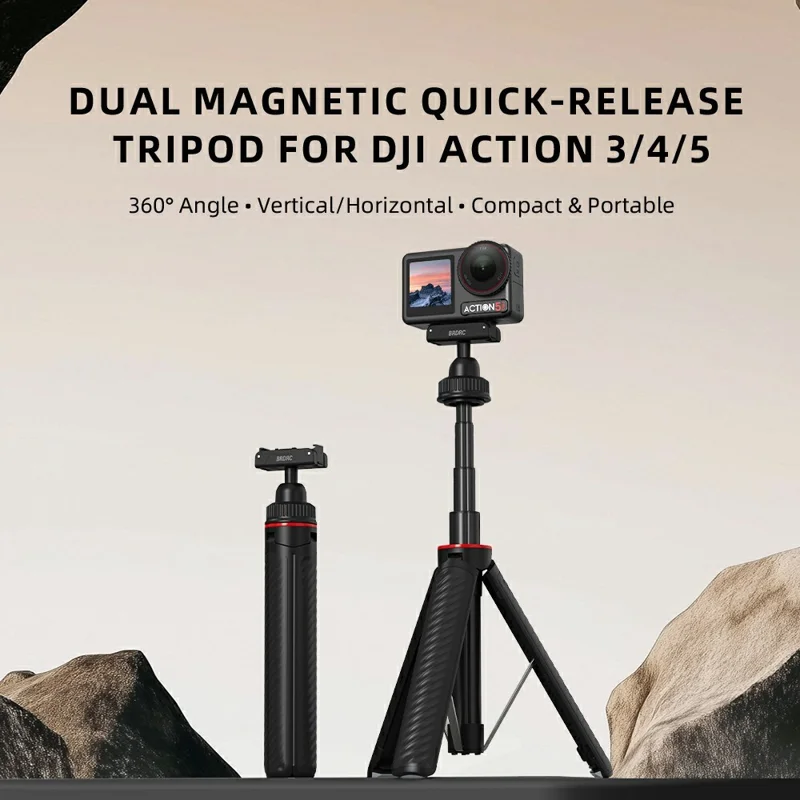 BRDRC Magnetic Tripod for DJI Osmo 360 / Action 5 Pro / Action 4 / Action 3 Aluminum Alloy Quick Release Telescopic Stand - Black