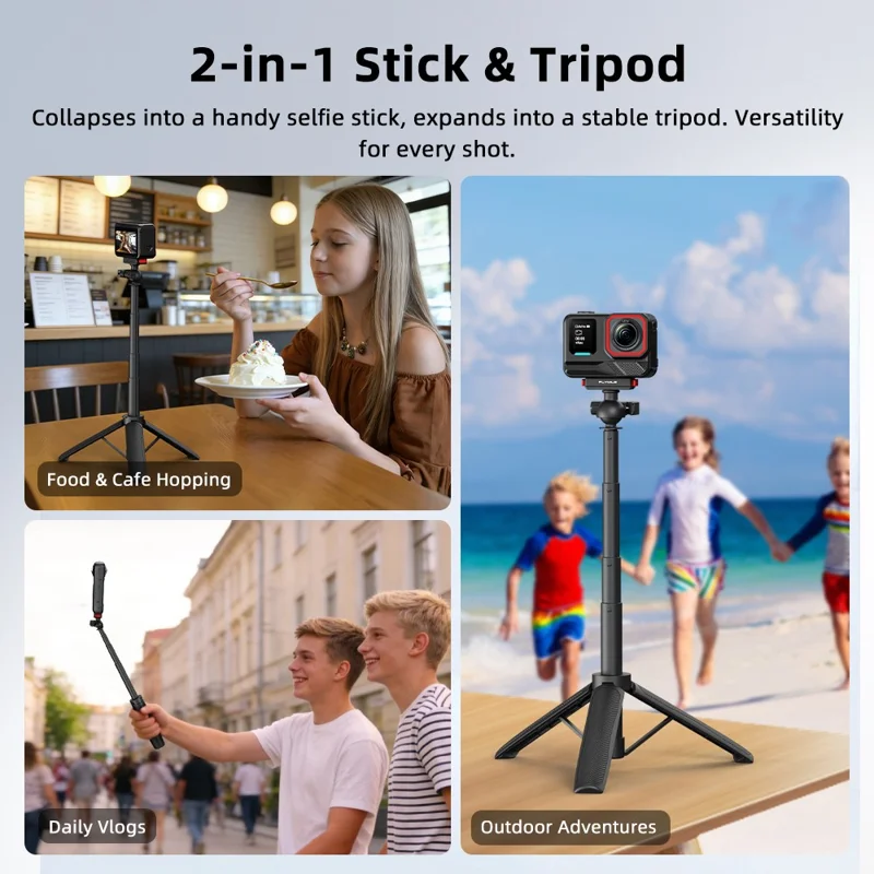 FLYMILE Magnetic Quick-Release Tripod for Insta360 Ace Pro 1  /  2  /  ACE  /  X5 2-in-1 Selfie Stick Telescopic Pole Tripod with Ball Head
