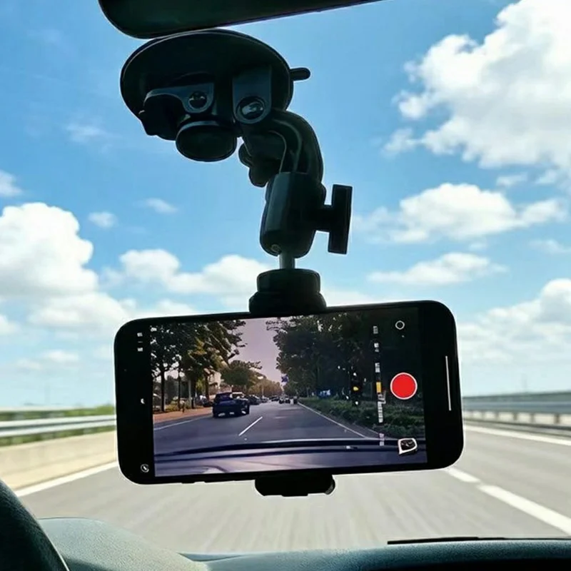 Car Phone Holder 2-in-1 Strong Suction Cup Stand Multi-angle Adjustable Mount with Phone Clamp for Dashboard Windshield - Black