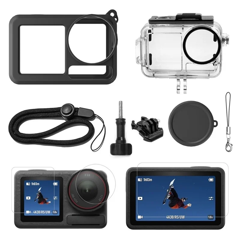 Camera Case Accessory Kit for DJI Osmo Action 5 Pro  /  4  /  3 Waterproof Case Tempered Glass Screen Protector Silicone Cover - Black