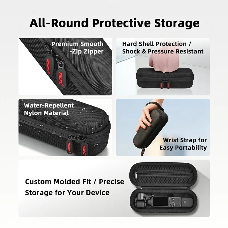 BRDRC Carrying Case for DJI Osmo Pocket 4 Nylon Hard Shell Protective Storage Bag with Wrist Strap & Carabiner - Black