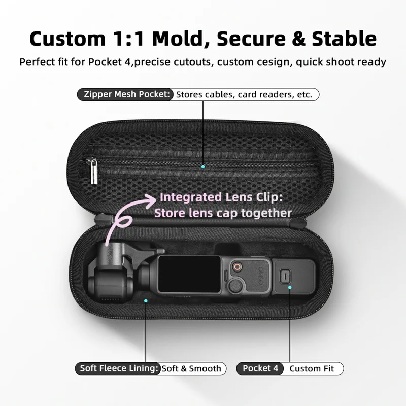 BRDRC Carrying Case for DJI Osmo Pocket 4 Nylon Hard Shell Protective Storage Bag with Wrist Strap & Carabiner - Black