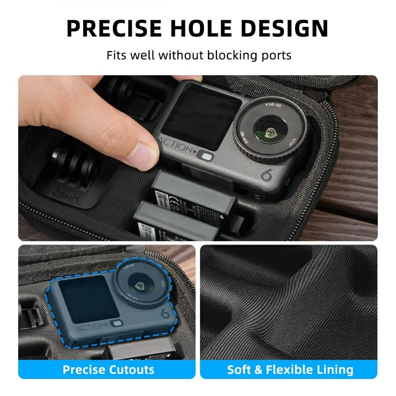 حقيبة حمل BRDRC من المجموعة القياسية لكاميرا DJI Osmo Action 6 / 5 Pro / 4، غطاء صلب واقي من الصدمات مع حزام معصم ومشبك - أسود