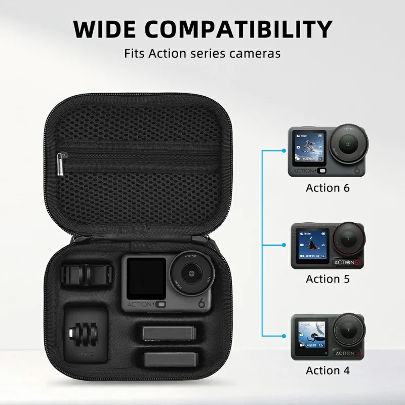 حقيبة حمل BRDRC من المجموعة القياسية لكاميرا DJI Osmo Action 6 / 5 Pro / 4، غطاء صلب واقي من الصدمات مع حزام معصم ومشبك - أسود