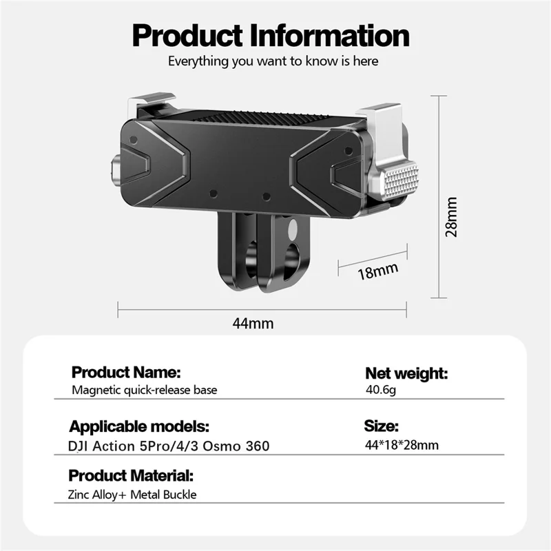 Base di Rilascio Magnetica per DJI Action 5 Pro / 4 / 3 / Osmo 360 Adattatore di Montaggio in Metallo con Doppia Interfaccia - Nero