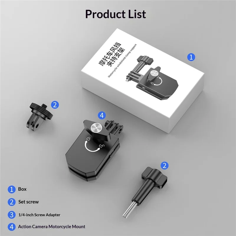 Motorcycle Windshield Clamp Mount Holder 180 Degree Rotation Action Camera Bracket for GoPro Insta360 DJI - Black