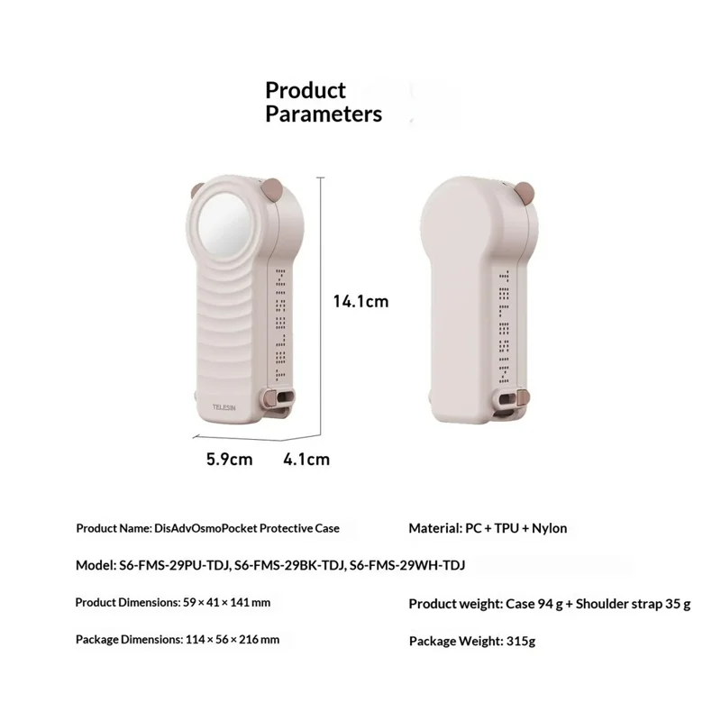 TELESIN S6-FMS-29WH-TDJ Funda para DJI Osmo Pocket 4 / 3 Cubierta protectora de PC + TPU con correa para hombro - Blanco