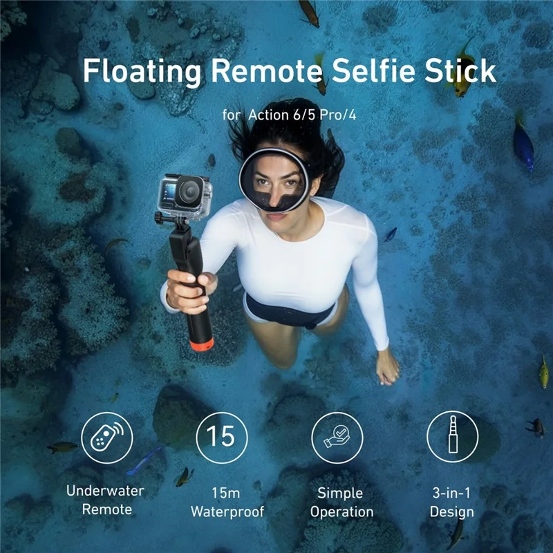 TELESIN S1-TSS-07-TDJ 3 in 1 Floating Handle for DJI Osmo Action 6 / 5 Pro / 4 Underwater Remote Selfie Stick Bluetooth-compatible Tripod