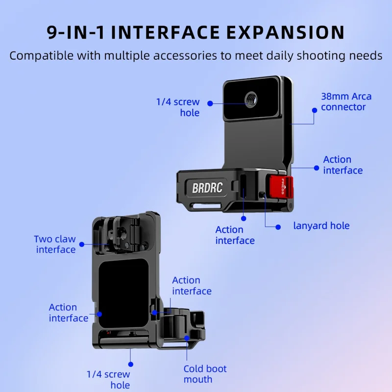 BRDRC 9 in 1 Interface Extension Magnetic Mount for DJI Osmo Pocket 4P  /  4  /  3  180 Degree Adjustable Aluminum Alloy Stand - Black