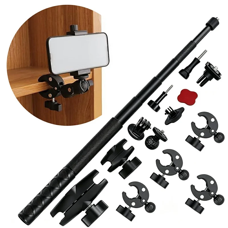 Selfie Stick with Dual Head Crab Claw Clamp Mount Kit 360 Degree Ball Head Extension Base for Action Camera - Black