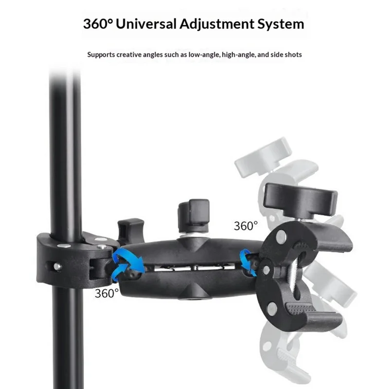 Selfie Stick with Dual Head Crab Claw Clamp Mount Kit 360 Degree Ball Head Extension Base for Action Camera - Black