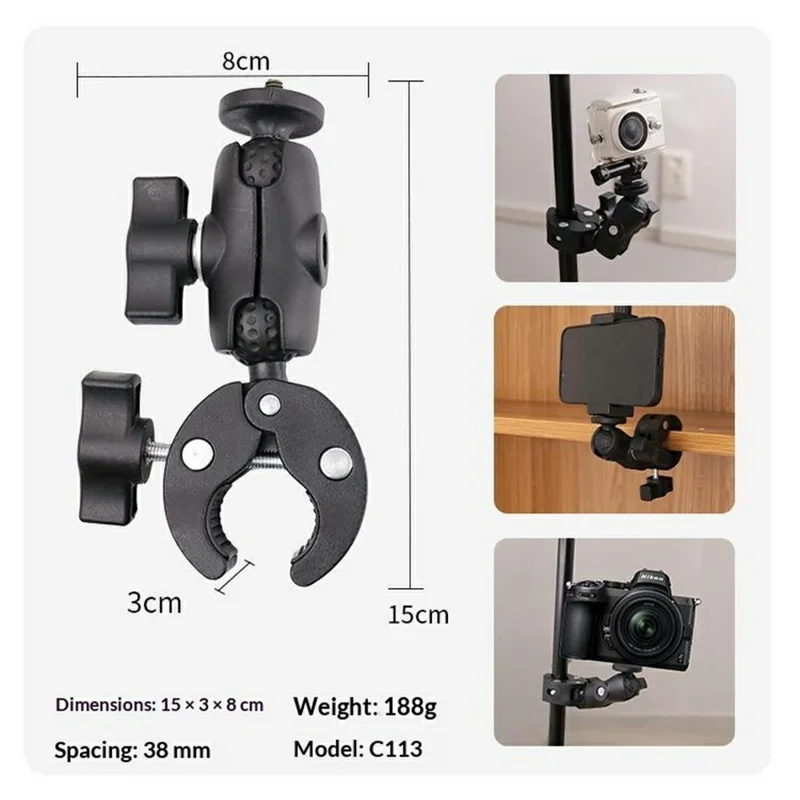 Selfie Stick with Dual Head Crab Claw Clamp Mount Kit 360 Degree Ball Head Extension Base for Action Camera - Black