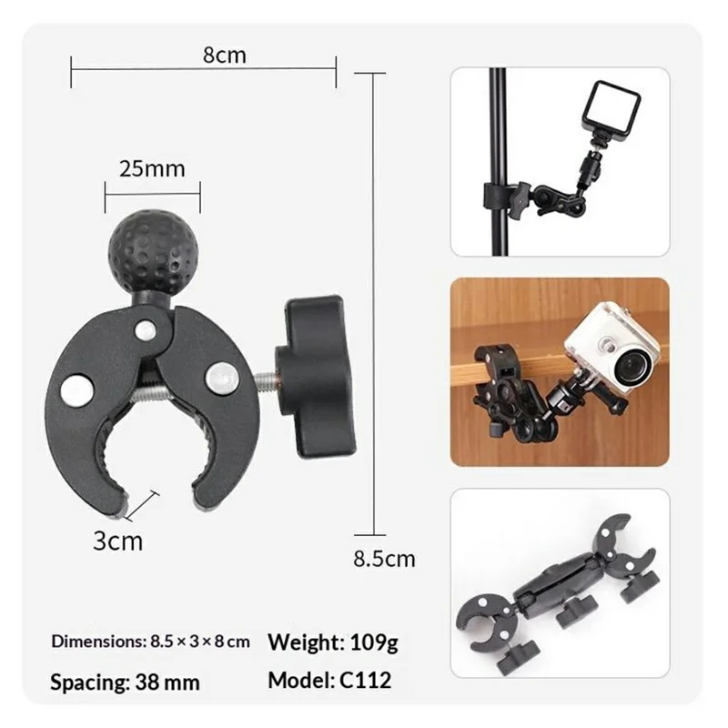 Selfie Stick with Dual Head Crab Claw Clamp Mount Kit 360 Degree Ball Head Extension Base for Action Camera - Black