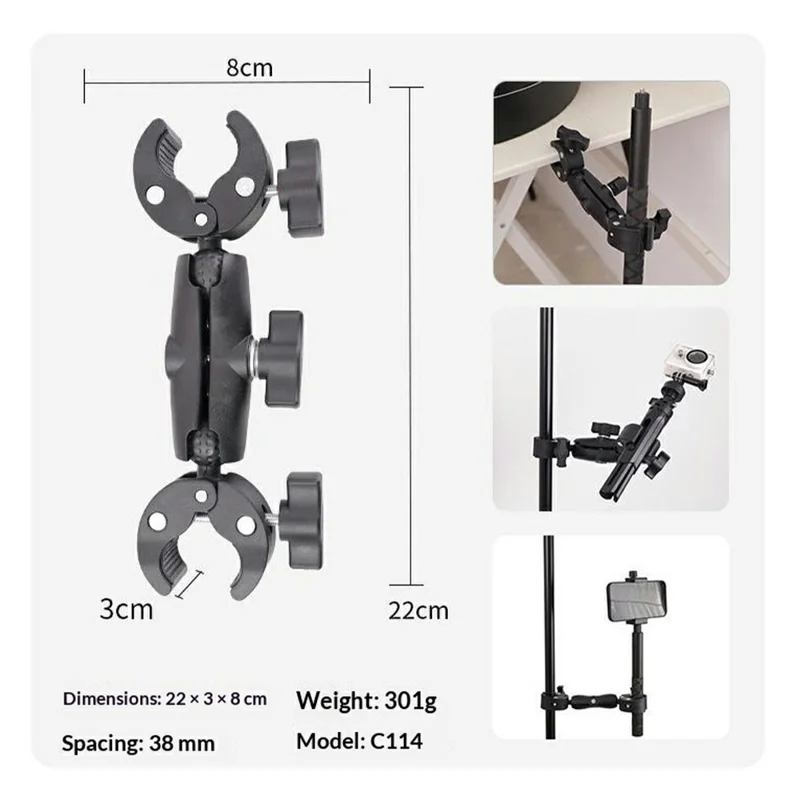 Selfie Stick with Dual Head Crab Claw Clamp Mount Kit 360 Degree Ball Head Extension Base for Action Camera - Black