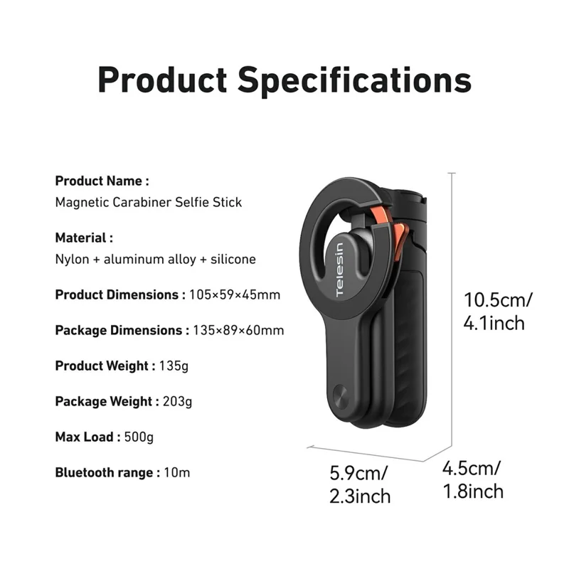 TELESIN P1-CSS-03BK Magnetic Carabiner Mini Selfie Stick Bluetooth-compatible Remote Tripod for Vlog Live Streaming - Black