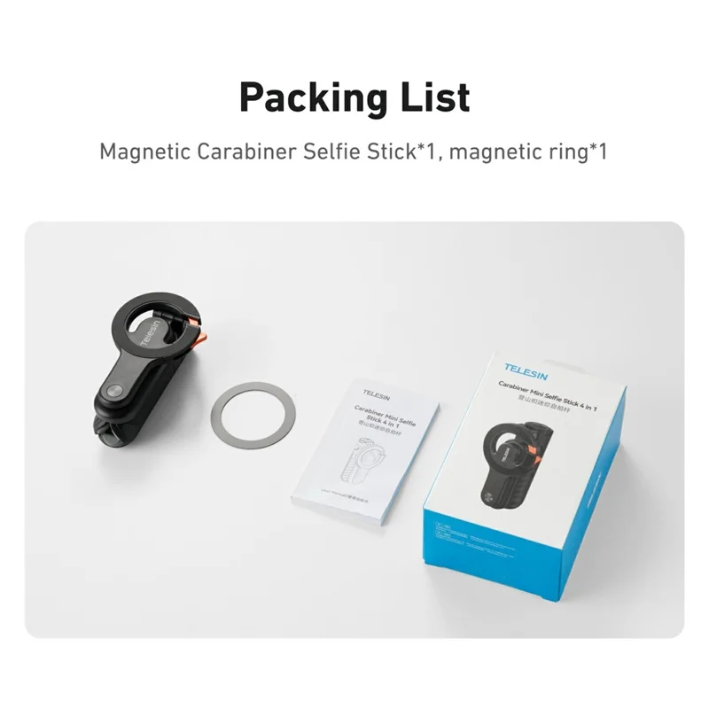 TELESIN P1-CSS-03BK Magnetic Carabiner Mini Selfie Stick Bluetooth-compatible Remote Tripod for Vlog Live Streaming - Black