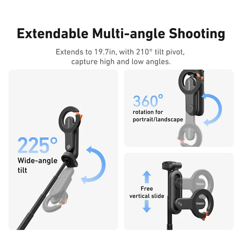 TELESIN P1-CSS-03BK Magnetic Carabiner Mini Selfie Stick Bluetooth-compatible Remote Tripod for Vlog Live Streaming - Black