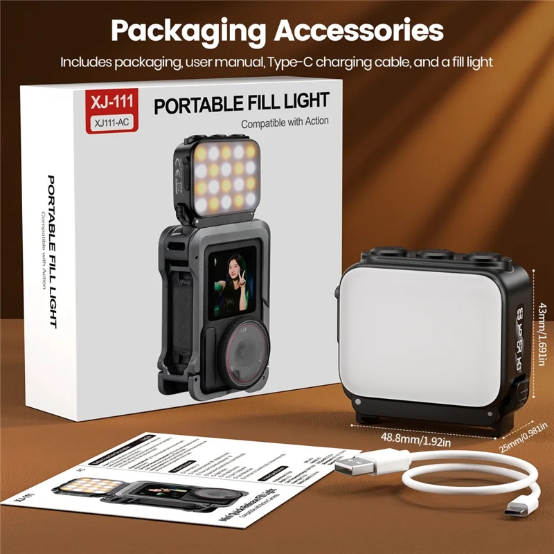 XJ111-AC 3W Portable Fill Light for DJI Osmo Nano / Action 5 / 4 / 3 Action Camera Magnetic Quick-Release LED Light - Black