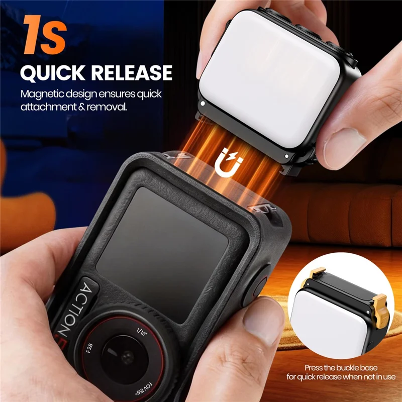 XJ111-AC 3W Portable Fill Light for DJI Osmo Nano / Action 5 / 4 / 3 Action Camera Magnetic Quick-Release LED Light - Black