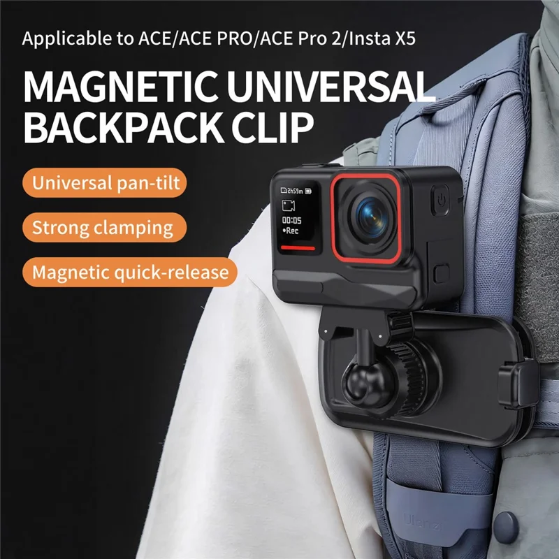 Magnetic Quick Release Backpack Clip for Insta360 Ace / Ace Pro / Ace Pro 2 / X5 360 Degree Rotating Pan-Tilt Camera Mount - Black