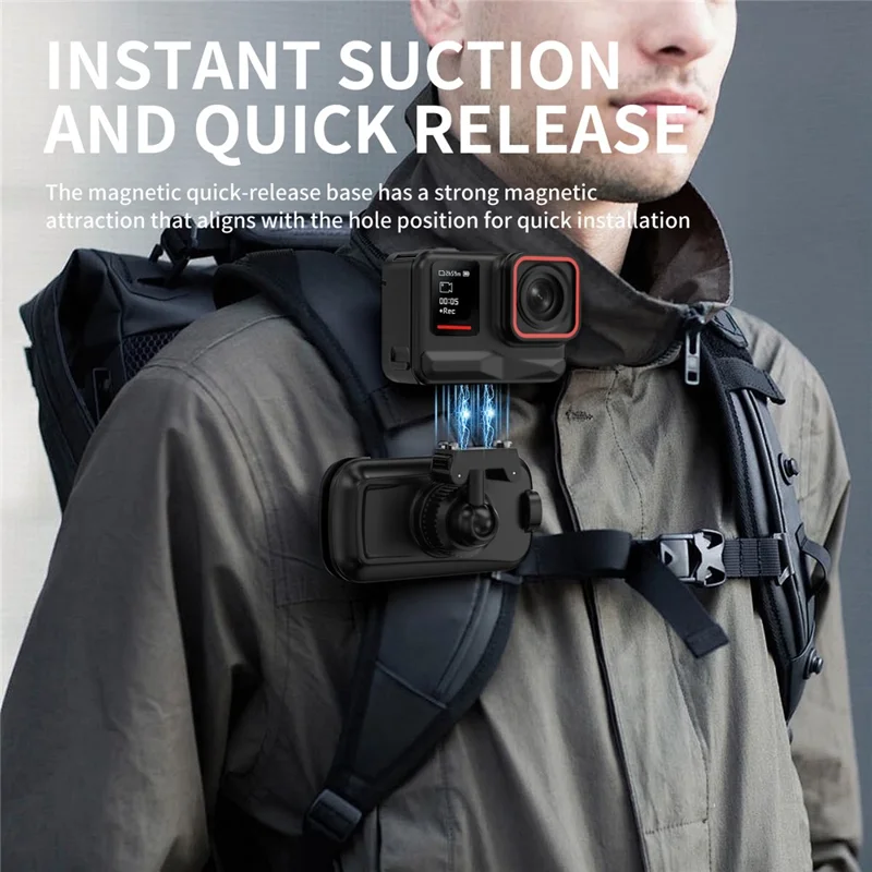 Magnetic Quick Release Backpack Clip for Insta360 Ace / Ace Pro / Ace Pro 2 / X5 360 Degree Rotating Pan-Tilt Camera Mount - Black