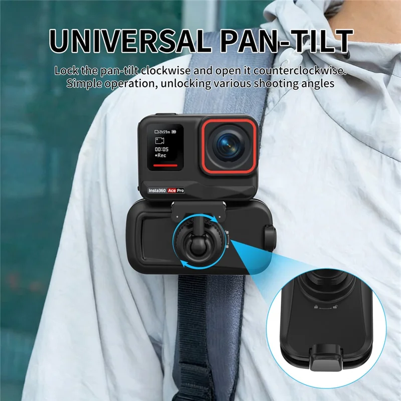Magnetic Quick Release Backpack Clip for Insta360 Ace / Ace Pro / Ace Pro 2 / X5 360 Degree Rotating Pan-Tilt Camera Mount - Black