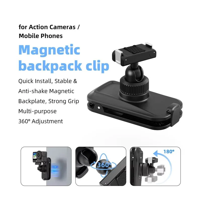 Para DJI Osmo Nano / Action 6 Suporte Magnético com Clipe para Mochila Ajustável 360° com Libertação Rápida - Preto