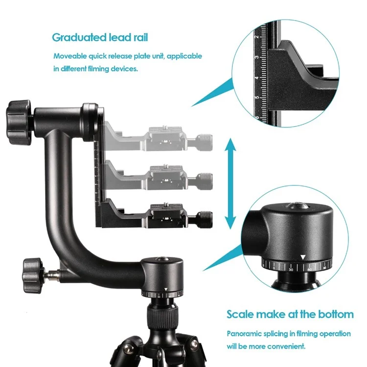 Panoramischer 360-Grad-Vertikaler Gimbal-Stativkopf mit 1/4-Zoll-Schraube, Teleobjektiv-Schnellwechselplatte für DSLR-Kameras
