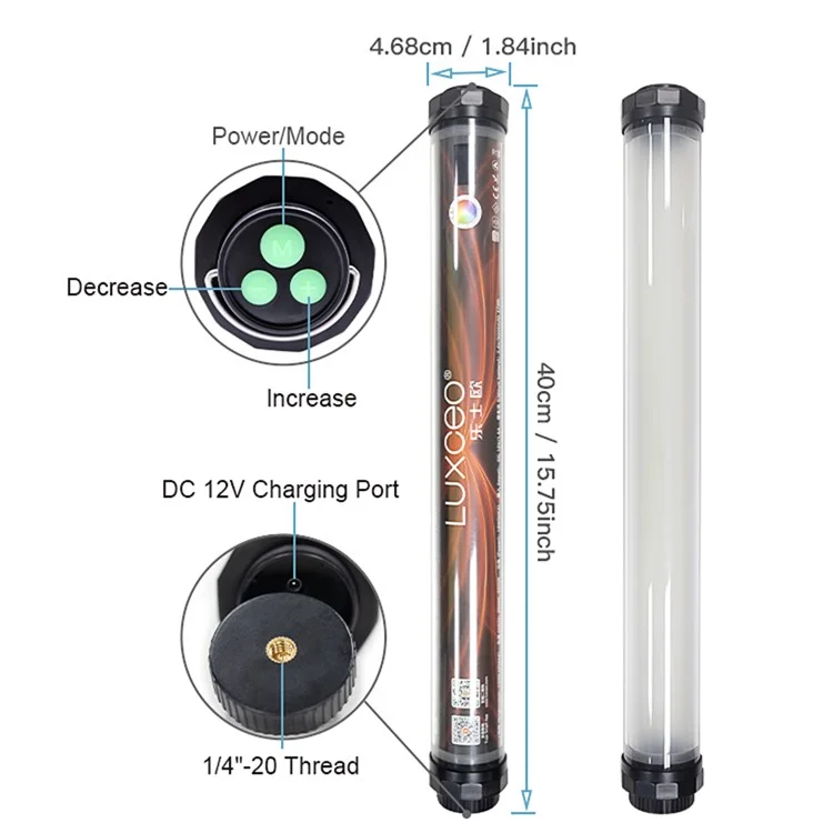 Luxceo P8 Rvb Video Video Stick Light IP68 Applapier Fleur Couleur Fill 36000 Couleurs Réglable Bar de Photographie Support de Téléphone Portable Application / 2,4g Télécommande - Noir Blanc