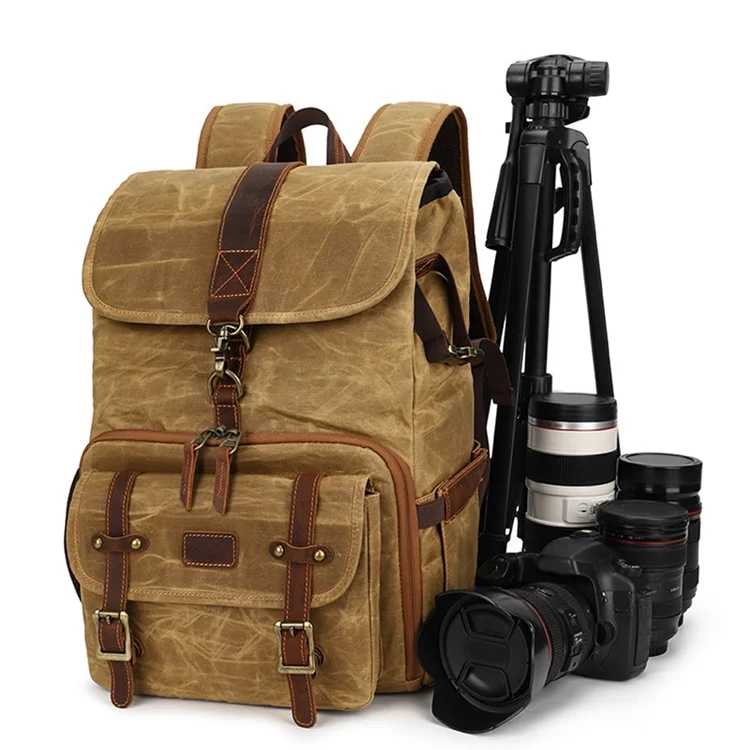 K821 Bolsa de Câmera à Prova de Choque ao ar Livre Backpack Fotográfico de Lona Retro Para Laptops de Tripé da Lente da Câmera - Amarelo