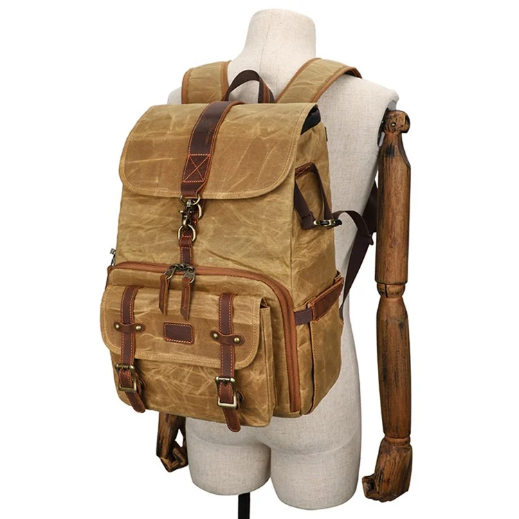 K821 Bolsa de Câmera à Prova de Choque ao ar Livre Backpack Fotográfico de Lona Retro Para Laptops de Tripé da Lente da Câmera - Amarelo