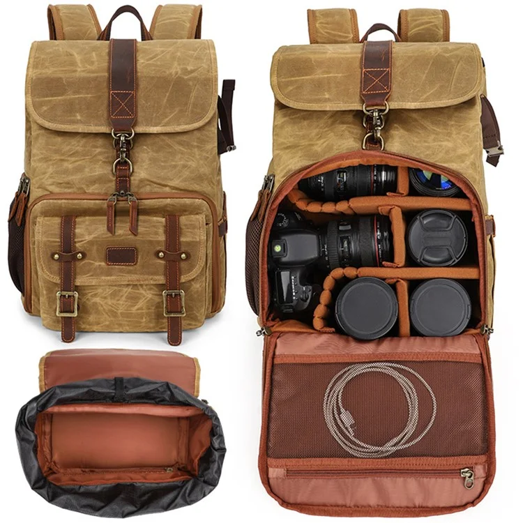 K821 Bolsa de Câmera à Prova de Choque ao ar Livre Backpack Fotográfico de Lona Retro Para Laptops de Tripé da Lente da Câmera - Amarelo
