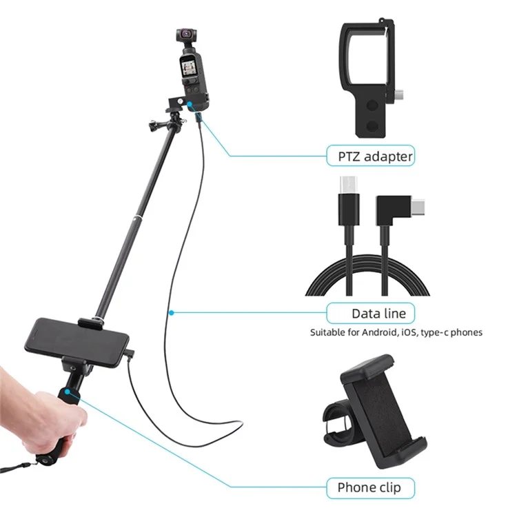 Palo de Selfie para DJI Osmo Pocket 2 Estabilizador de Gimbal Portátil Tipo-C/Clip de Teléfono Android Módulo de Extensión - Tipo-C a Tipo-C
