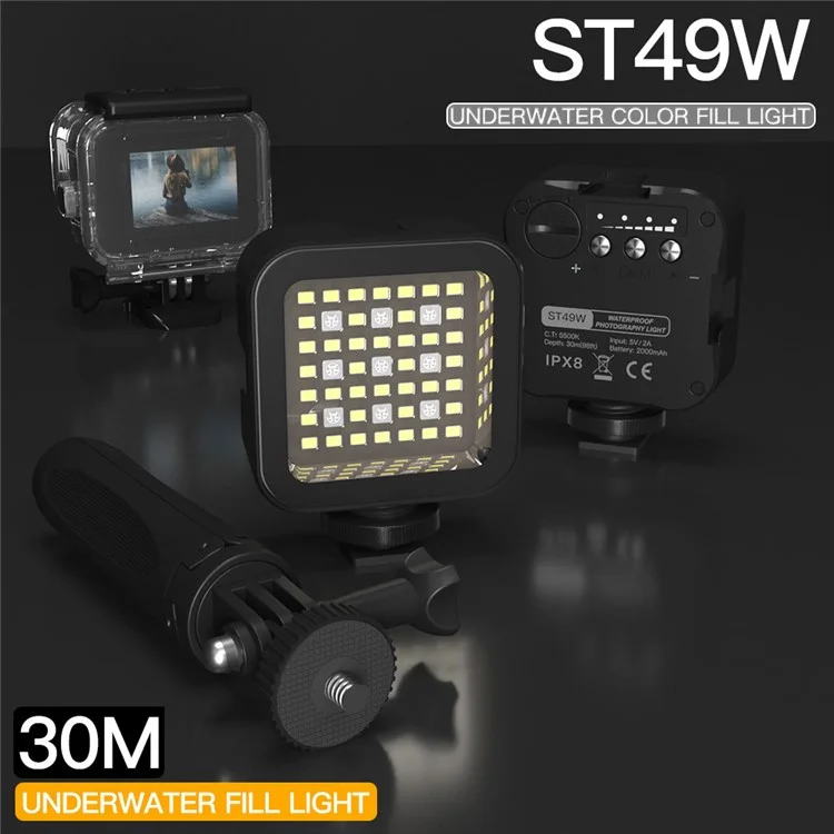 Подводный светодиодный видео мини-светильник ST-49W Waterproof RGB для ночного наполнения света для камеры GoPro