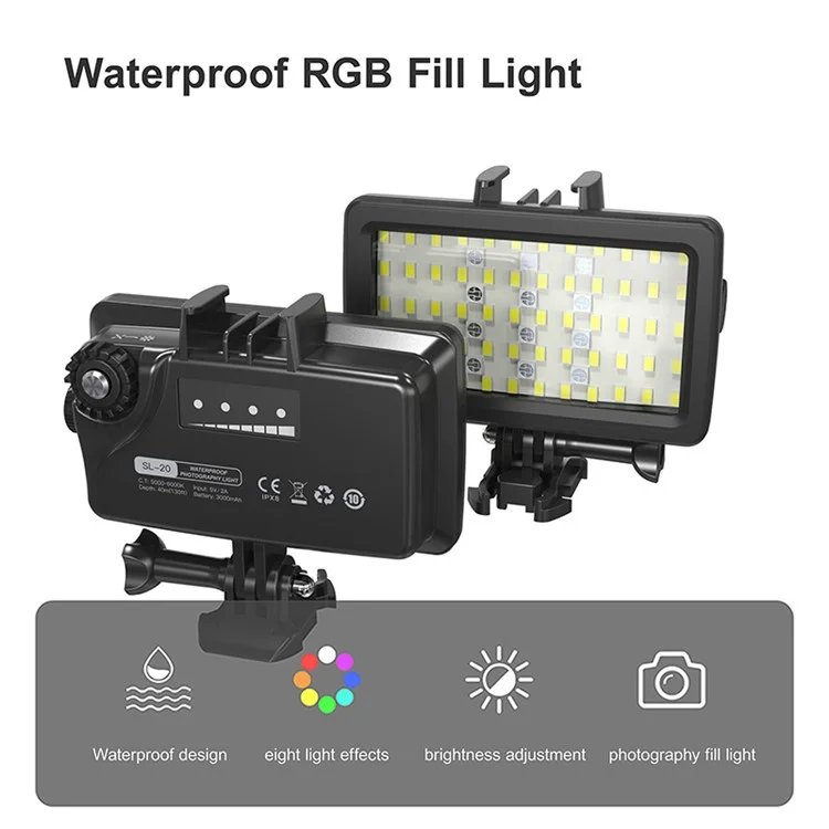 SL-20 Waterproof RGB Luz de Relleno 8 Modos LED Video Light Para Bucear Para GoPro Sargo Xiaoyi