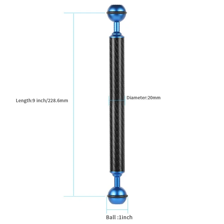 KF33 9-inch 20mm Ultralight Carbon Fiber Dual Ball Head Buoyancy Extension Arm Underwater Photography Accessory for Camera Diving Tray Housing Video Light - Azul