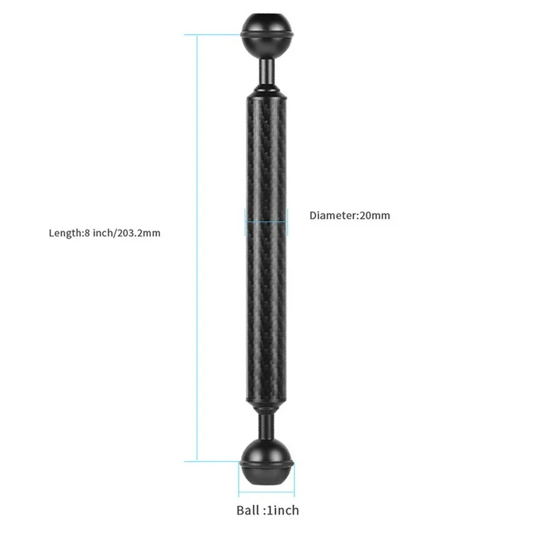 KF33 8-zoll 20 mm Kohlefaser Dual Ball Head Flood Auftriebsarmkamera Tauchschale Verbinden Sie Arm Unterwasserfotografie Accessoire - Schwarz