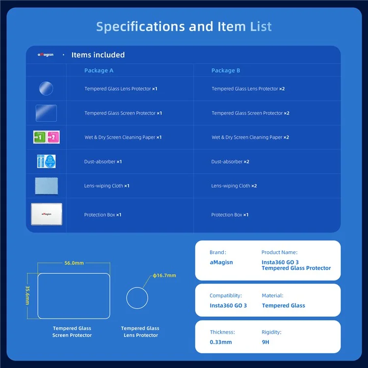 AMAGISN 2pcs Pour Insta360 go 3 Film D'objectif en Verre Trempé Anti-fingerprint HD + Secred Protector Set