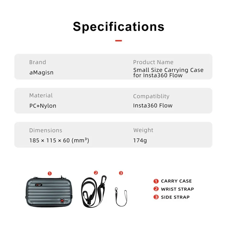 AMAGISN For Insta360 Flow PC+Nylon Small Size Hard Shell Carrying Case with Shoulder Strap - White