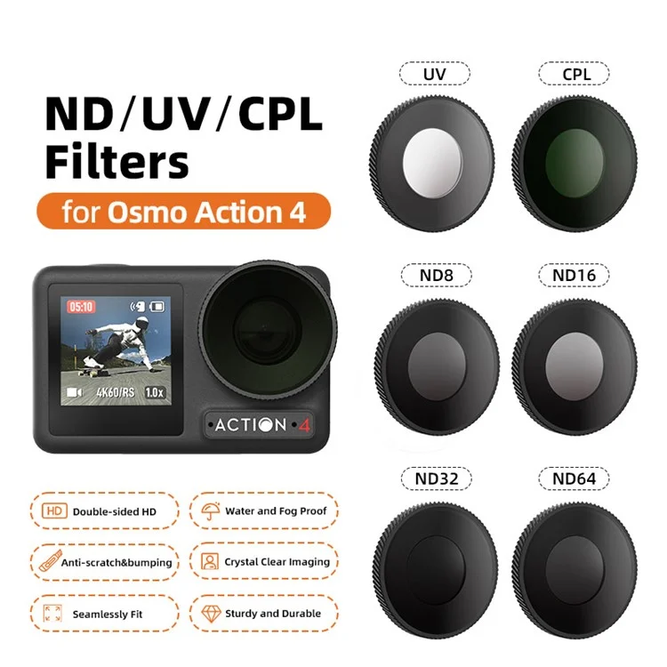 AMAGISN 4Pcs Pour DJI Osmo Action 4 Accessoires pour appareil photo d'action Alliage d'aluminium + Filtre d'objectif en verre - ND8 + ND16 + ND32 + CPL