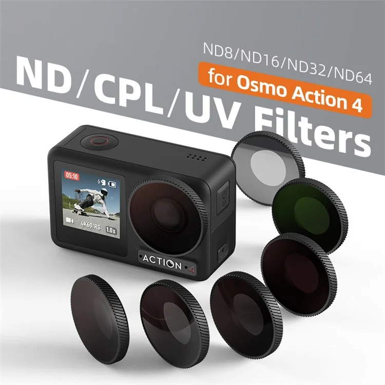 AMAGISN 4Pcs Pour DJI Osmo Action 4 Accessoires pour appareil photo d'action Alliage d'aluminium + Filtre d'objectif en verre - ND8 + ND16 + ND32 + CPL