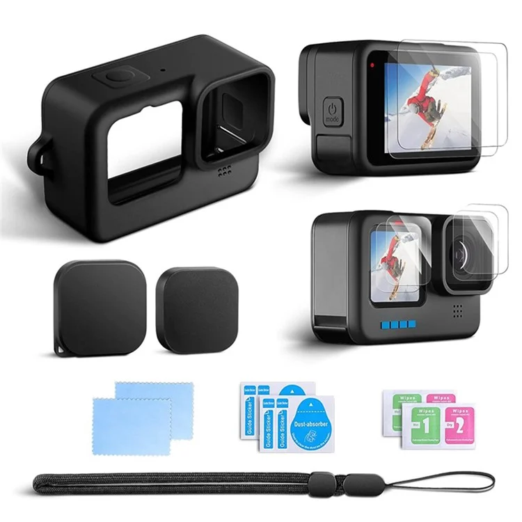 2 Sets Tempered Glass Film für GoPro Hero 9 / 10 / 11 / 12 Action Kamera + Silikon-Hülle