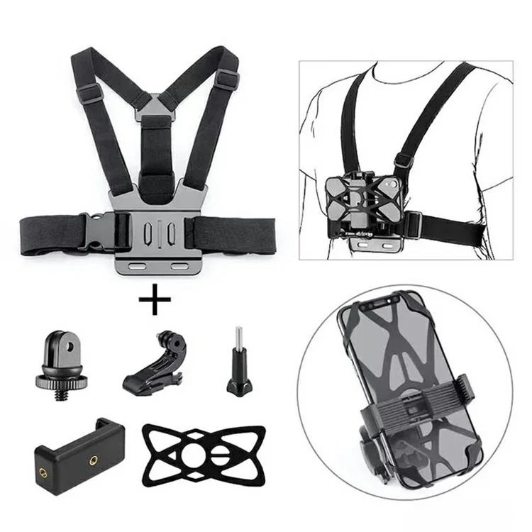 6-in-1 Accessories Kit for GoPro Hero Parts with Chest Strap, Mobile Phone Clip