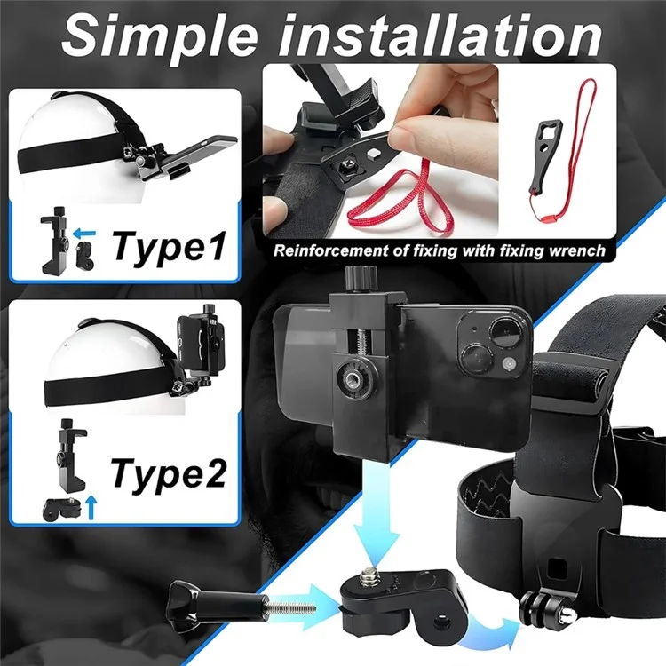 Kit de Accesorios de Cámara de Acción 5 en 1 con Correa para la Cabeza y Clip para Teléfono y Llave Inglesa para GoPro